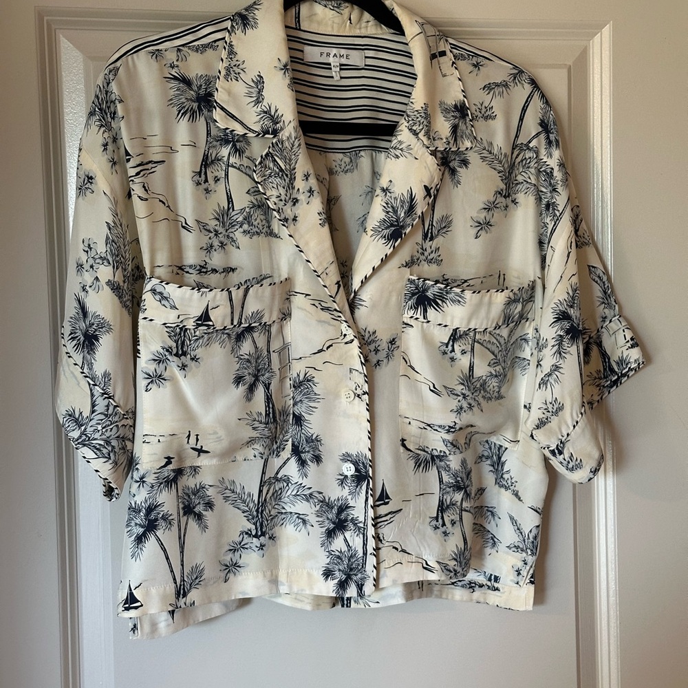 FRAME Navy and Ivory Palm Print Silk Button-Up